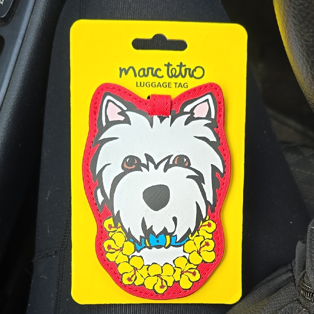 Marc Tetro White Westie Luggage Tag with Yellow Lei